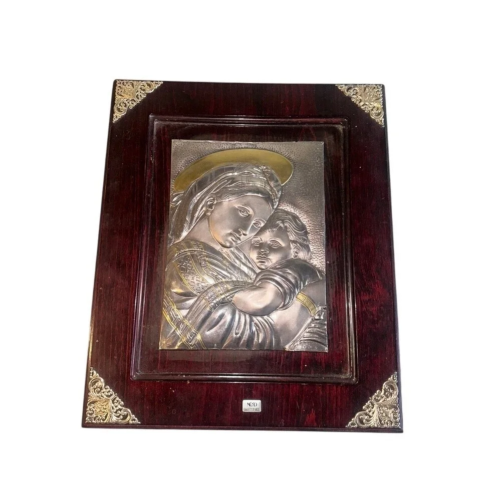 Madonna Child Plaque 16x13 Silver Plated Icon Catholic Wall Art Italy Wood Frame
